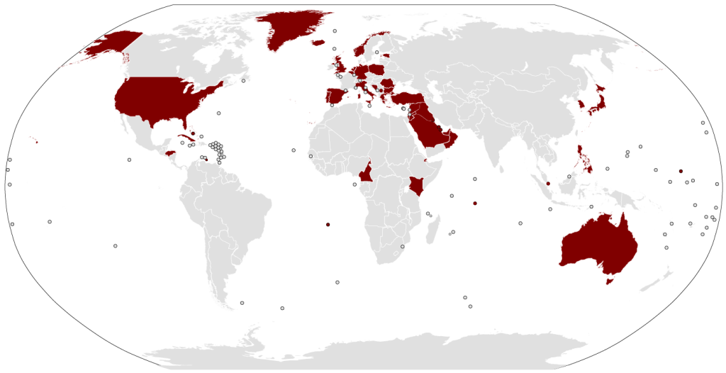 Rise of the USA as global hegemon, US military bases around the world in 2016. Public domain, https://commons.wikimedia.org/w/index.php?curid=47769876