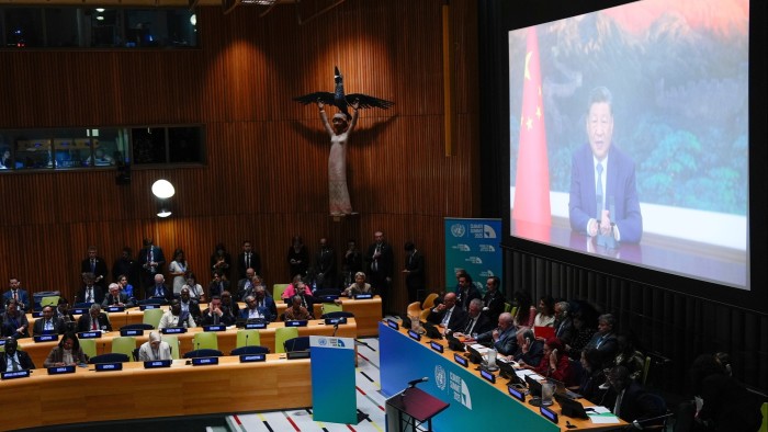 Global power transition: Chinese President Xi Jinping delivering a video address to the UN General Assembly in 2025, highlighting China’s climate pledge.